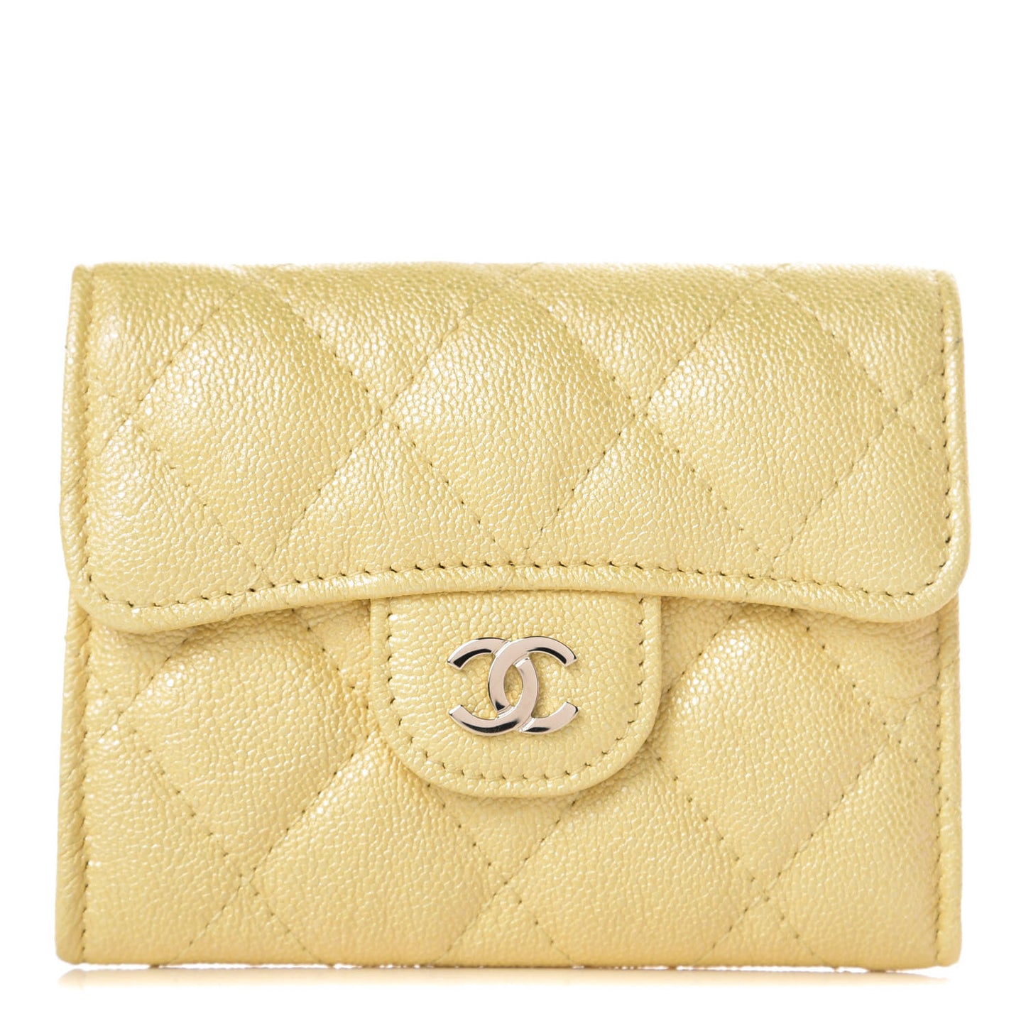 Iridescent Caviar Quilted Card Holder Wallet Yellow