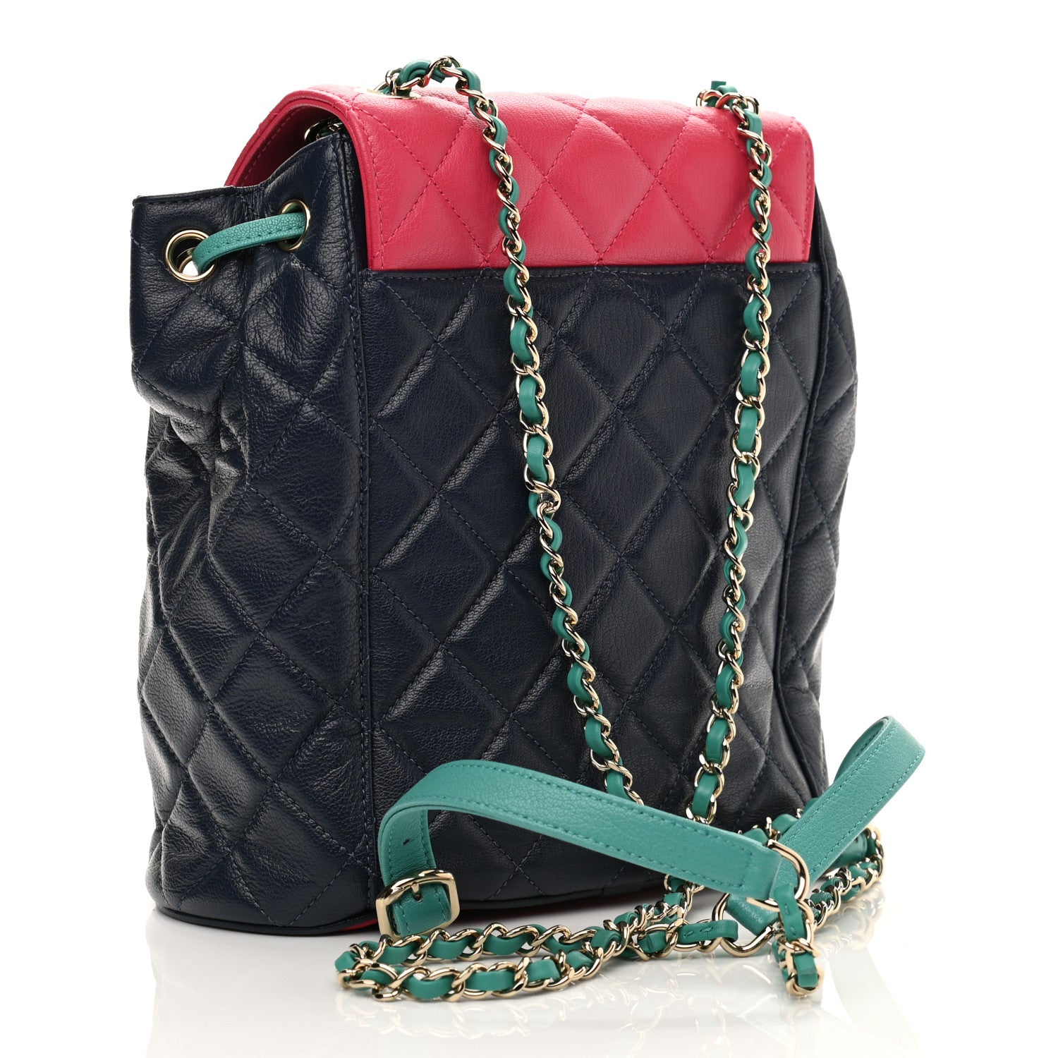 Chanel Goatskin Quilted Duma Drawstring Backpack Navy Turquoise Pink 3 of 10