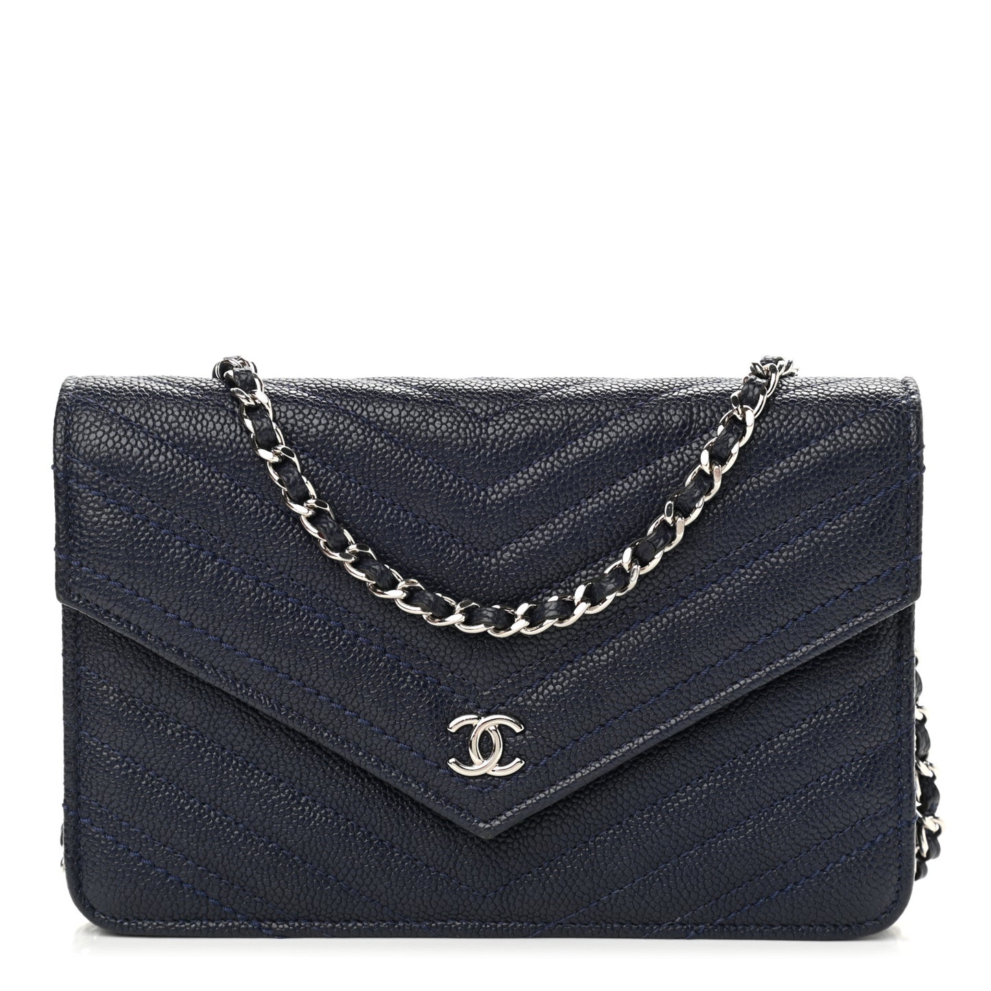 Caviar Chevron Quilted Statement Wallet On Chain WOC Navy