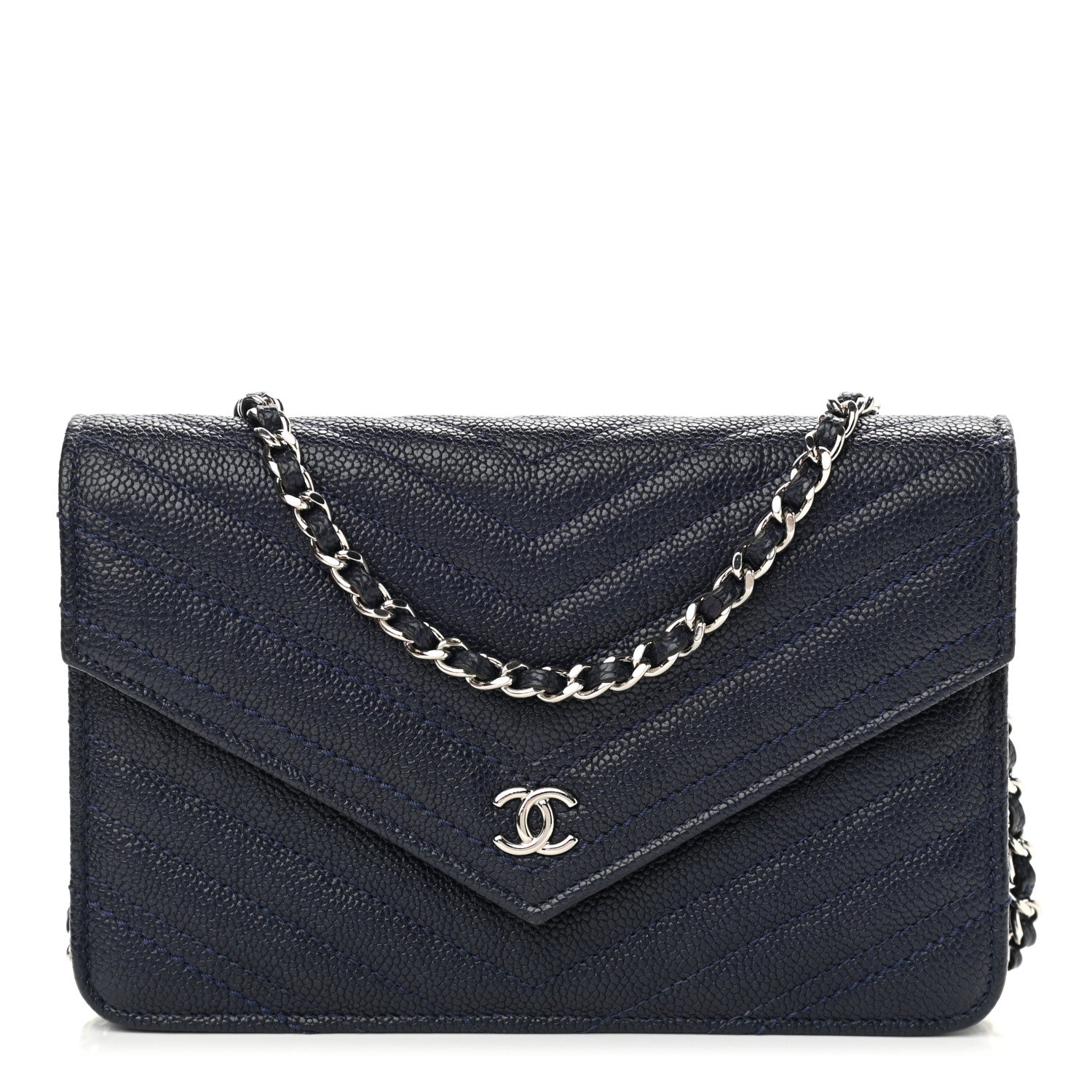 Chanel Caviar Chevron Quilted Statement Wallet On Chain WOC Navy 1 of 12