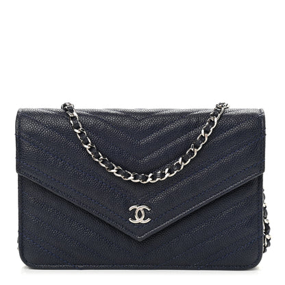 Chanel Caviar Chevron Quilted Statement Wallet On Chain WOC Navy 1 of 12
