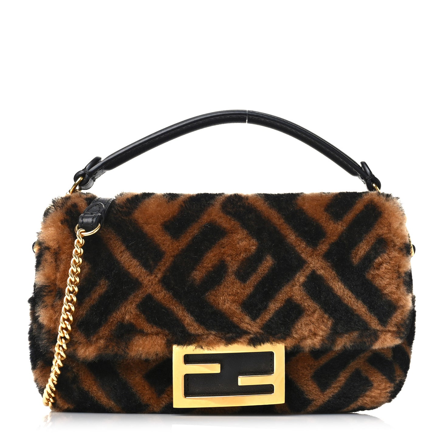 Shearling Vitello Dolce Macro FF 1974 Mini Baguette Tobacco Black