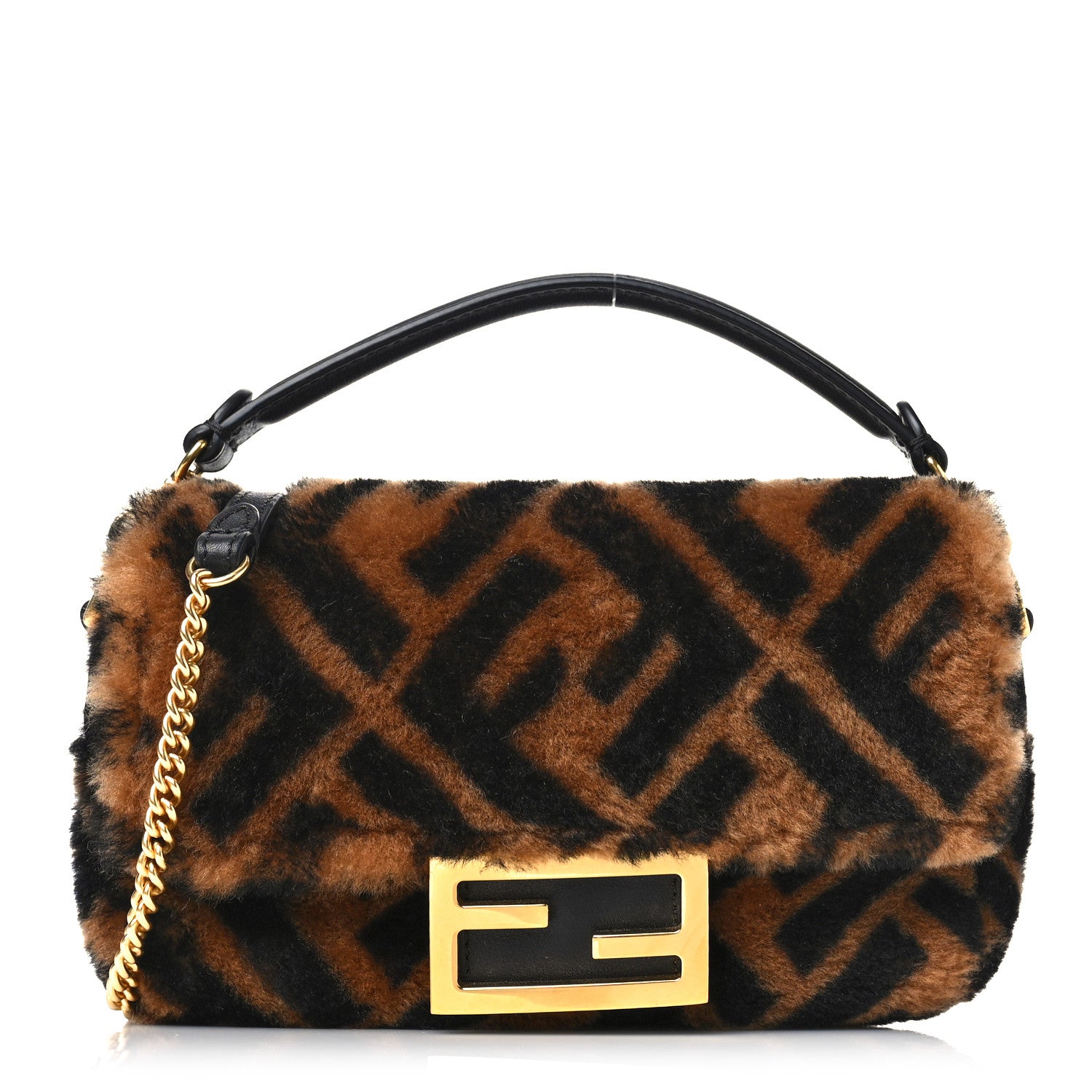 Fendi Shearling Vitello Dolce Macro FF 1974 Mini Baguette Tobacco Black 1 of 8