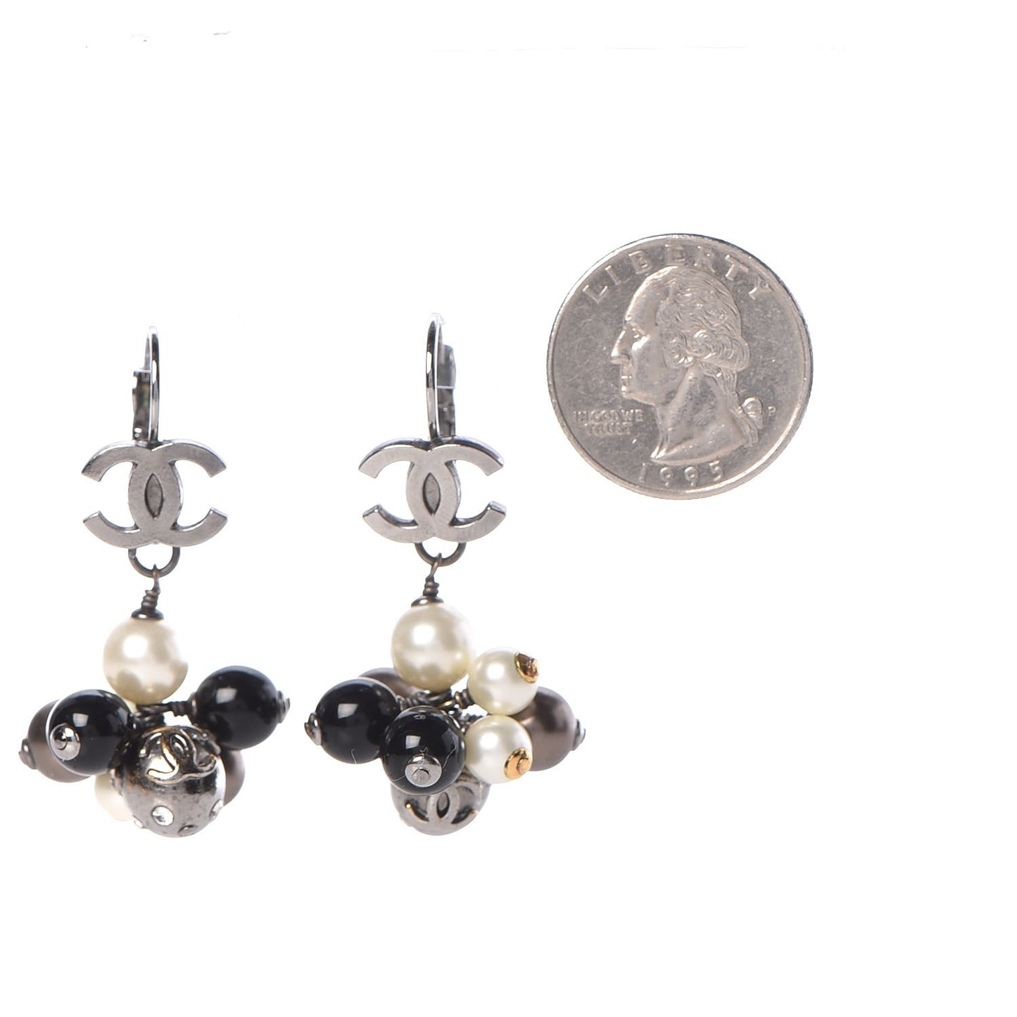 Pearl Crystal CC Drop Clip On Earrings Black White Grey
