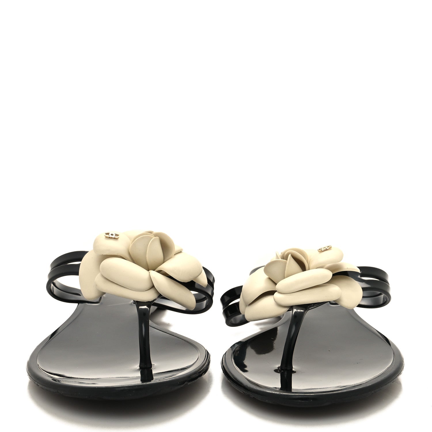 Chanel Jelly Camellia Thong Sandals 39 Black Ivory 2 of 7