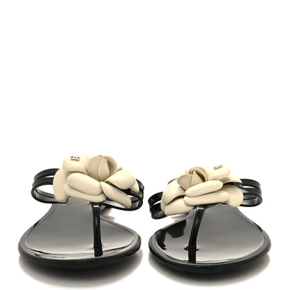 Chanel Jelly Camellia Thong Sandals 39 Black Ivory 2 of 7