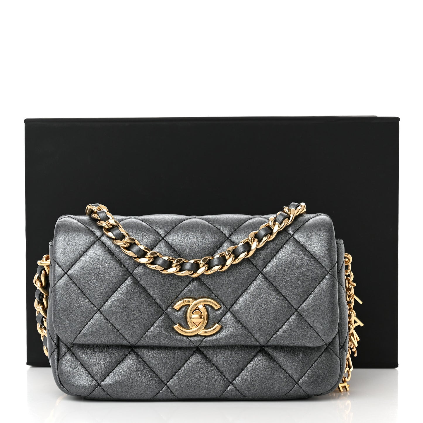 Metallic Lambskin Quilted Logo Charm Chain Flap Grey