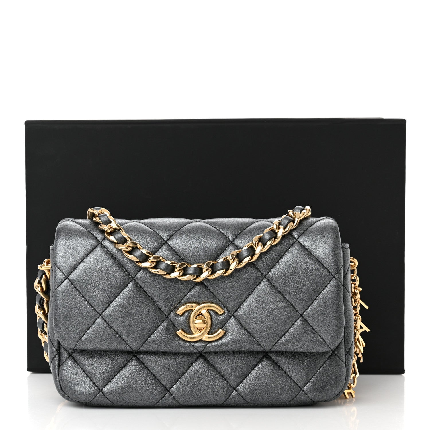 Chanel Metallic Lambskin Quilted Logo Charm Chain Flap Grey 11 of 11