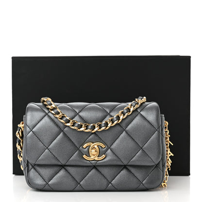 Chanel Metallic Lambskin Quilted Logo Charm Chain Flap Grey 11 of 11