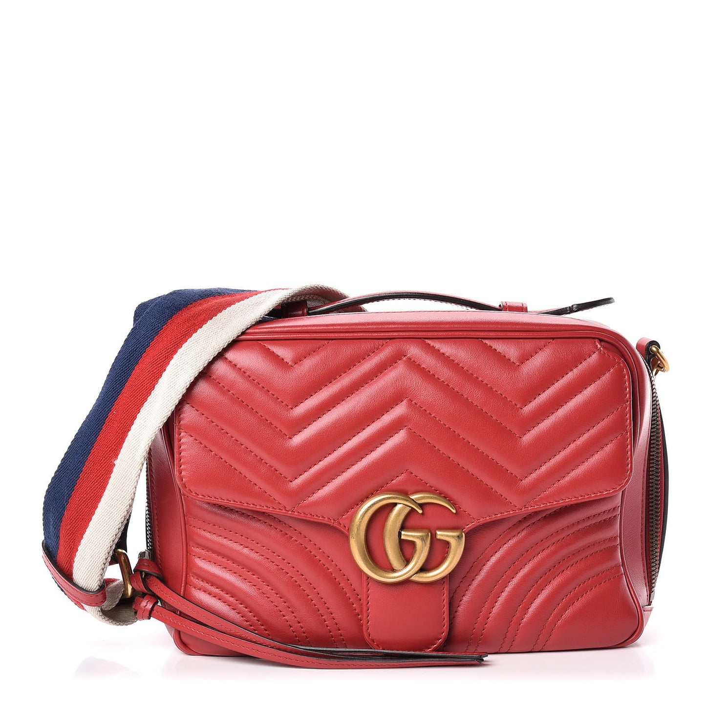 Calfskin Matelasse Sylvie Web Small GG Marmont Top Handle Shoulder Bag Hibiscus Red
