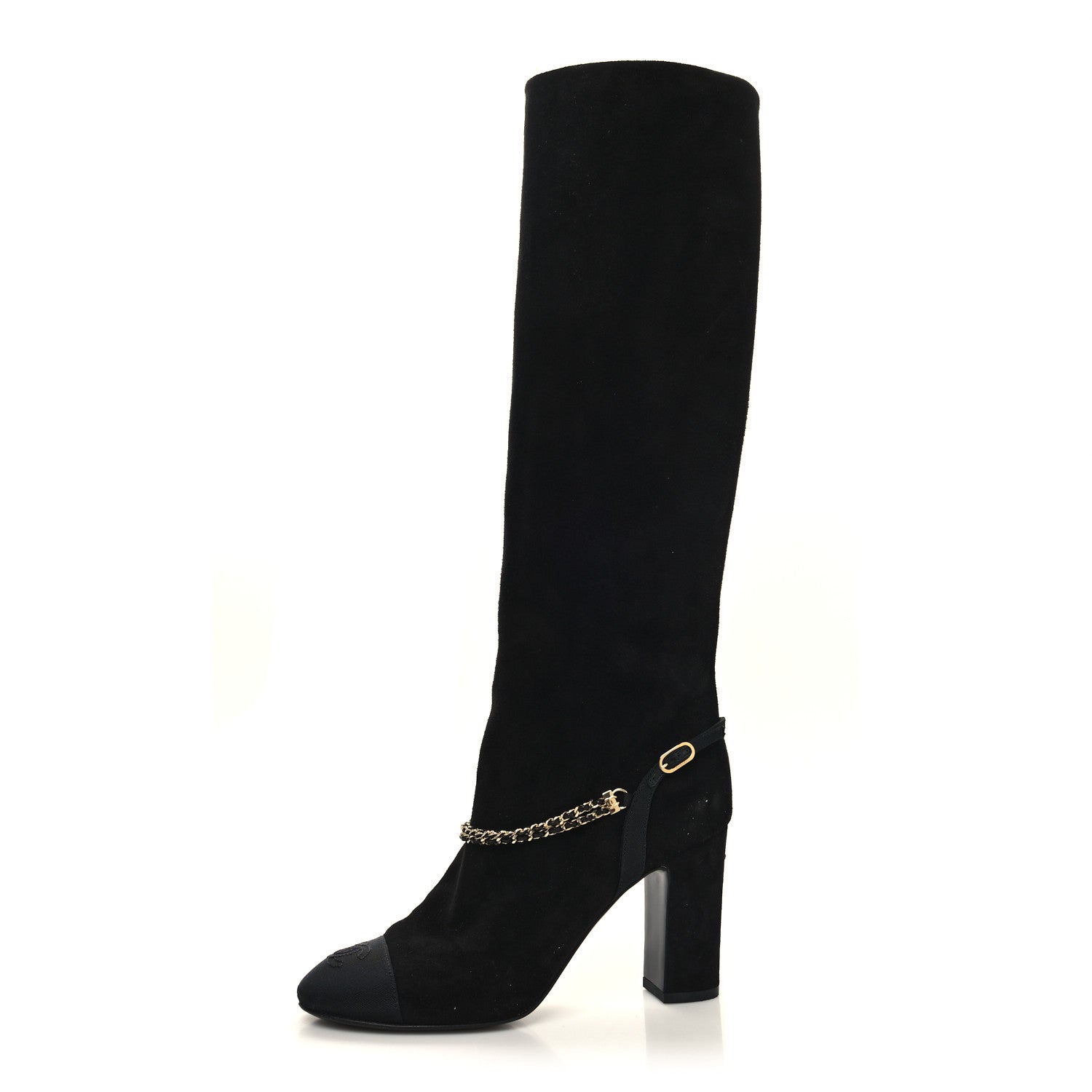Chanel Suede Grosgrain Cap Toe Chain Boots 36.5 Black 1 of 7