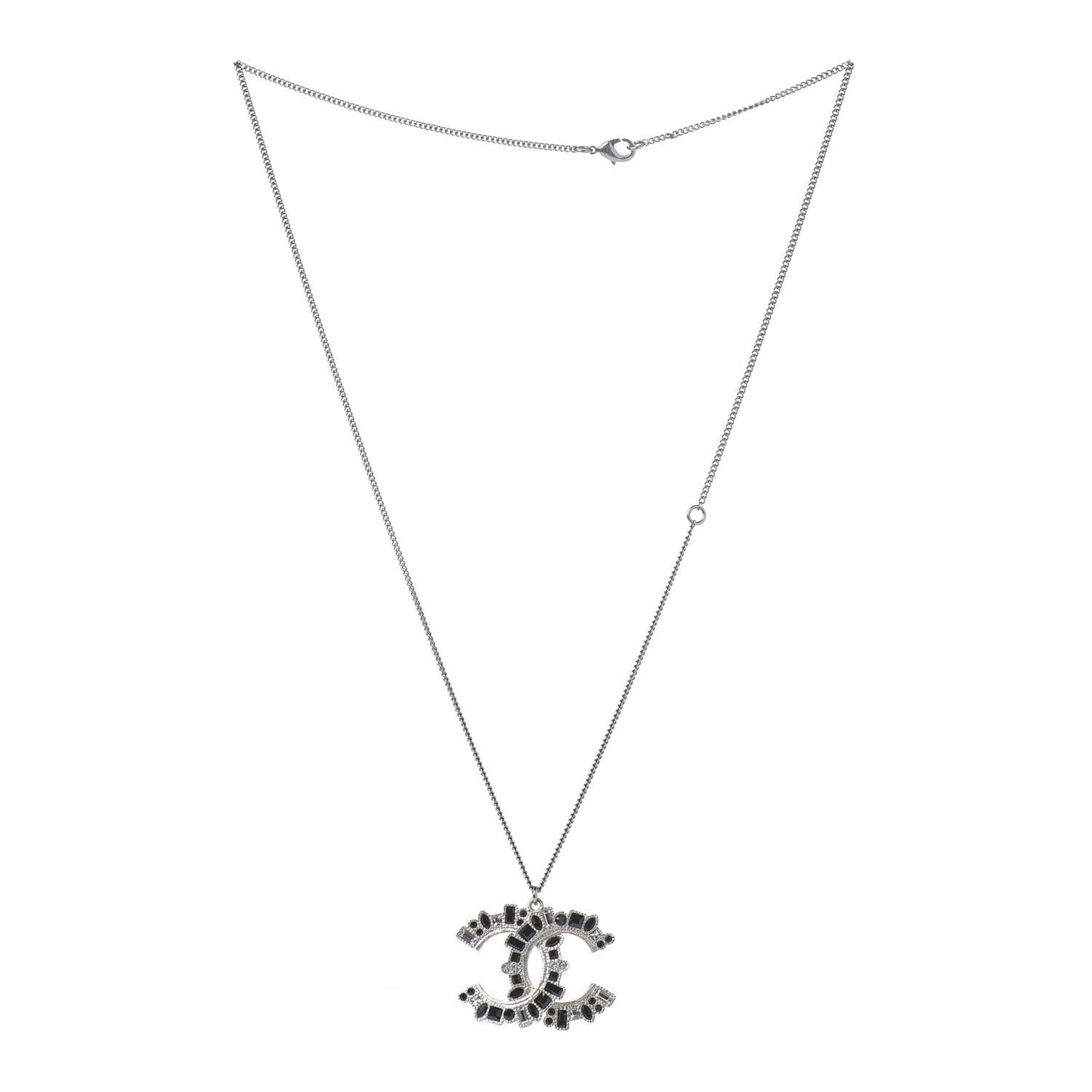 Baguette Crystal Large CC Necklace Silver Black