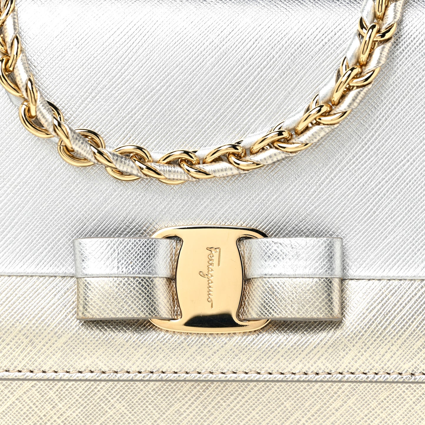 Metallic Hammered Calfskin Vara Bow Chain Flap Crossbody Silver Gold