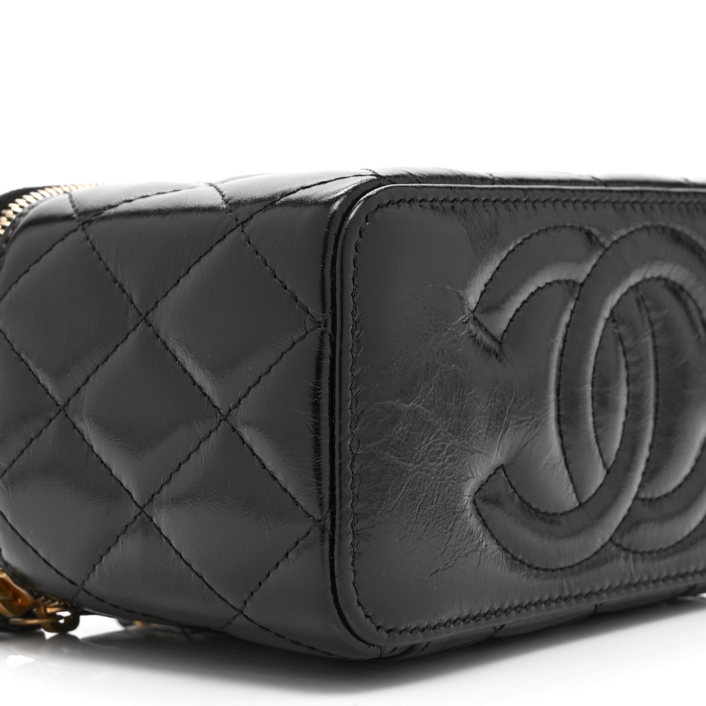 Shiny Lambskin Quilted Small Vanity Case With Chain Black