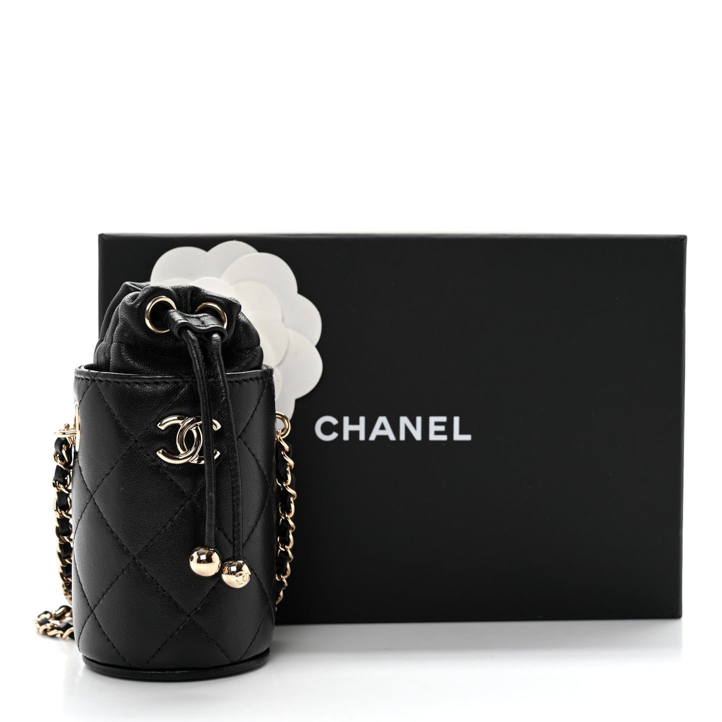 Lambskin Quilted Mini Bucket Bag With Chain Black