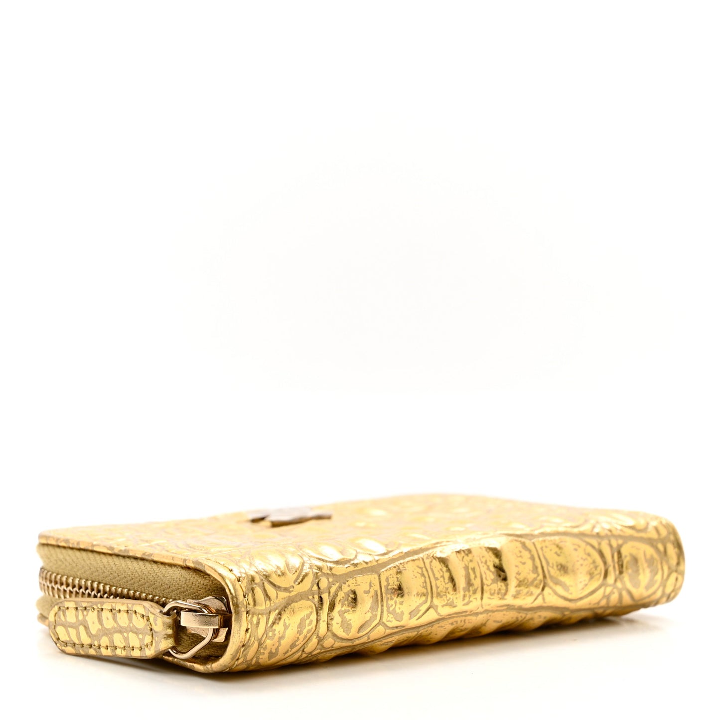 Metallic Calfskin Crocodile Embossed Cocodile Zip Coin Case Gold