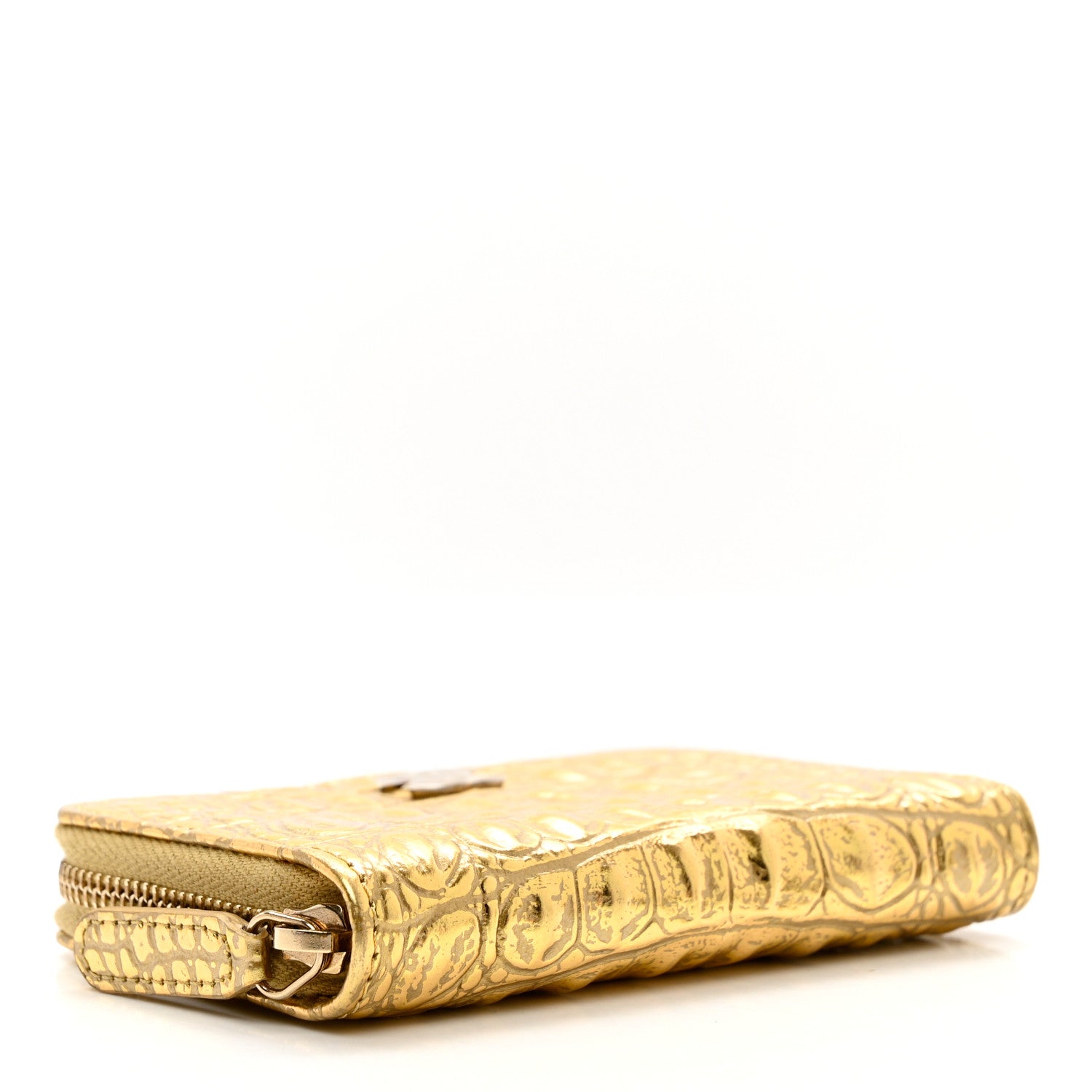 Chanel Metallic Calfskin Crocodile Embossed Cocodile Zip Coin Case Gold 4 of 7