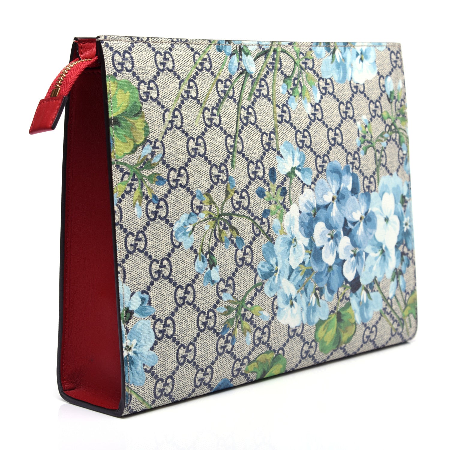Gucci GG Supreme Monogram Blooms Large Cosmetic Case Beige Blue Navy Hibiscus Red 3 of 12