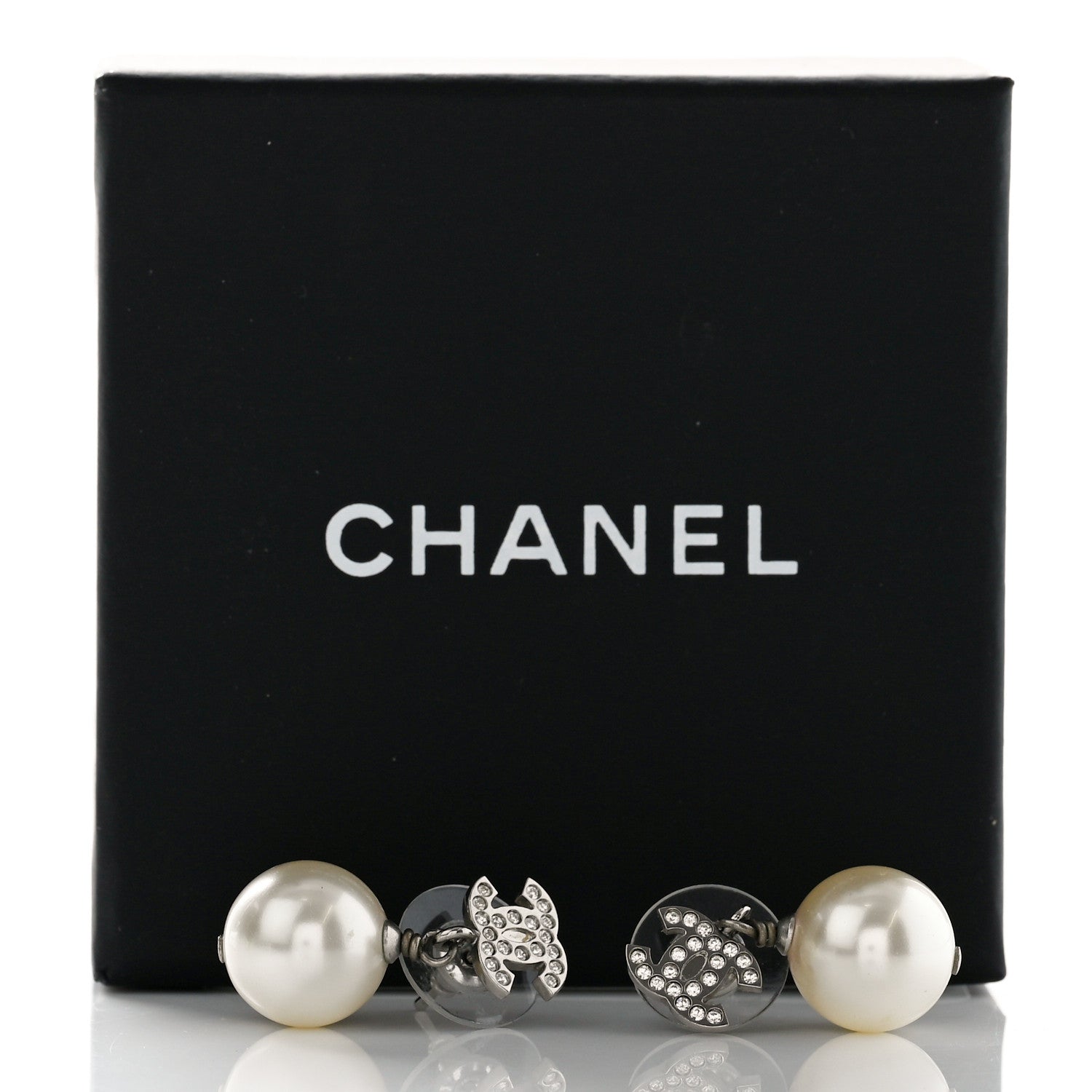 Chanel Crystal Pearl CC Drop Earrings Silver Pearly White 5 of 5