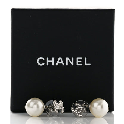 Chanel Crystal Pearl CC Drop Earrings Silver Pearly White 5 of 5