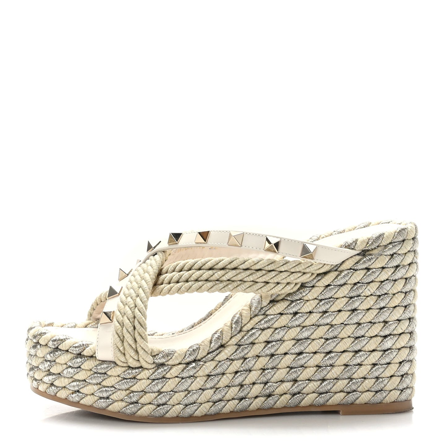 Calfskin Silk Rockstud Torchon Espadrille Wedge 25/95mm Slide Sandals 35 Light Ivory