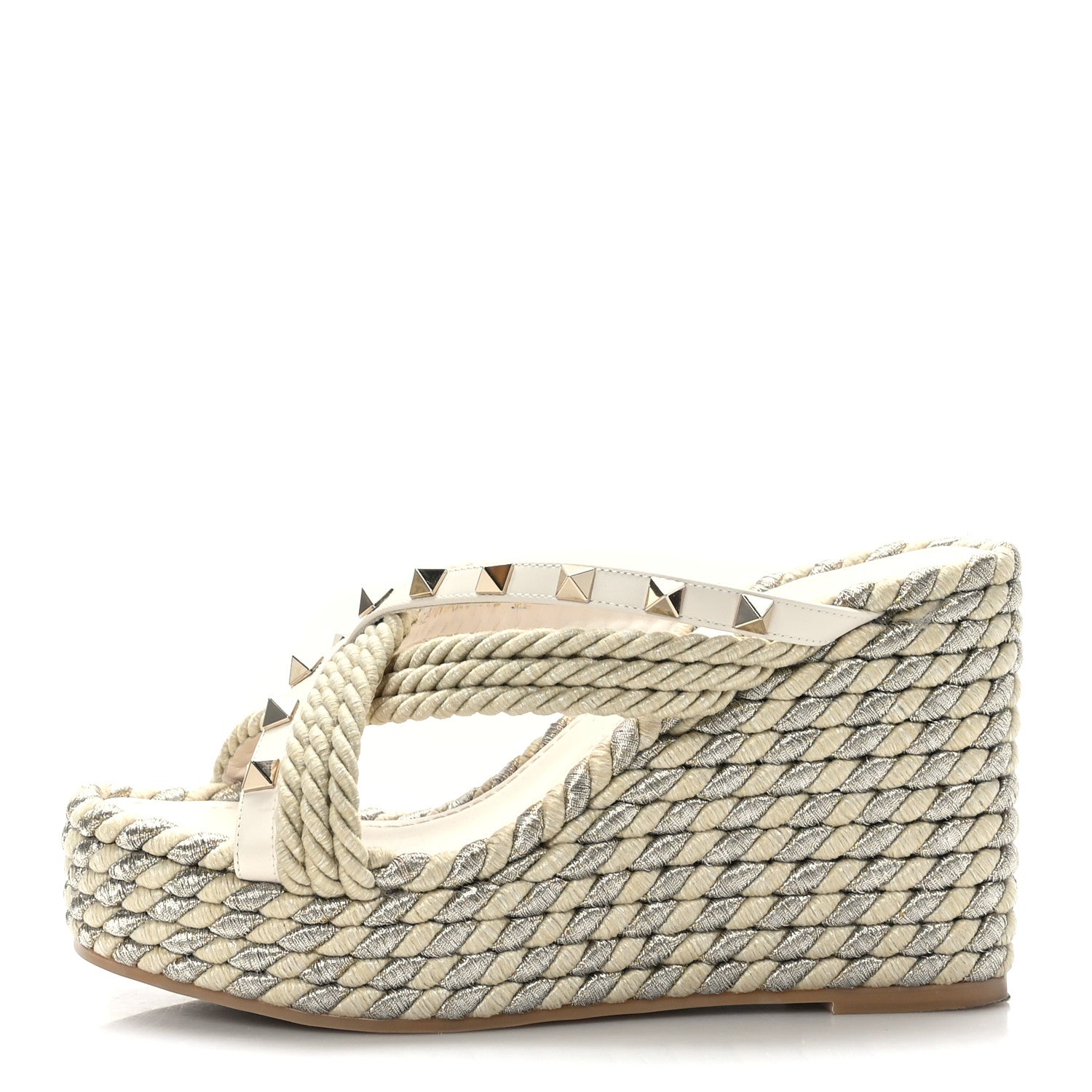 Valentino Garavani Calfskin Silk Rockstud Torchon Espadrille Wedge 25/95mm Slide Sandals 35 Light Ivory 1 of 8