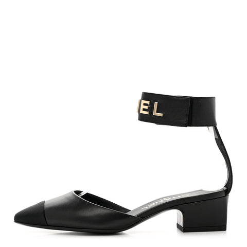 Lambskin Grosgrain Cap Toe Logo Ankle Strap Pumps 35 Black