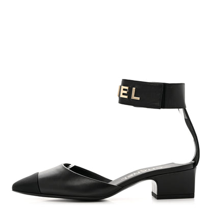 Chanel Lambskin Grosgrain Cap Toe Logo Ankle Strap Pumps 35 Black 1 of 11