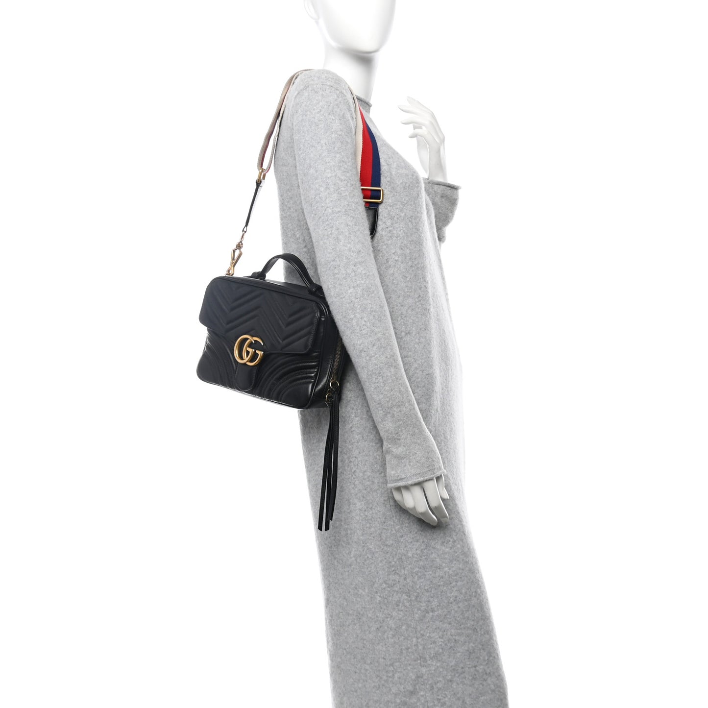 Calfskin Matelasse Sylvie Web Small GG Marmont Top Handle Shoulder Bag Black