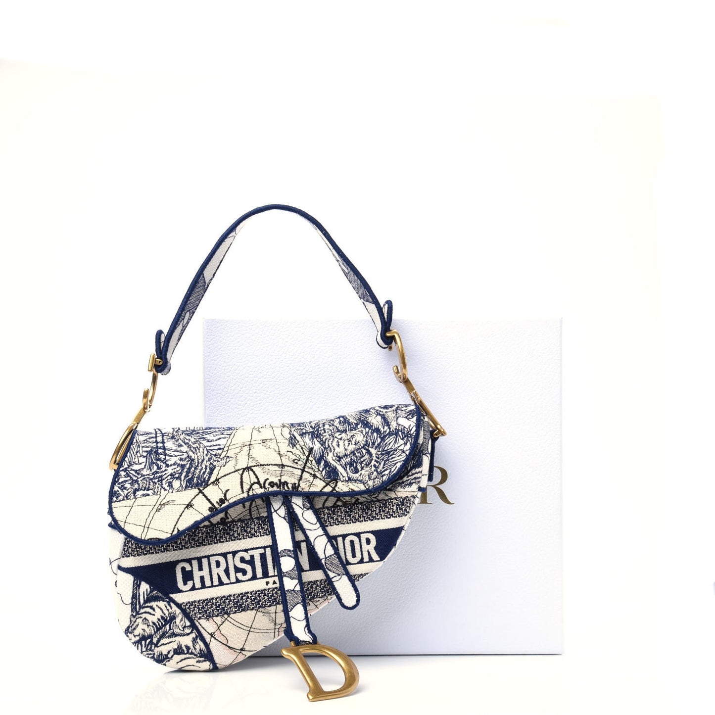 Canvas Embroidered Around the World Saddle Bag Blue