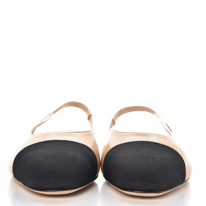 Chanel Lambskin Grosgrain Cap Toe CC Slingback Sandals 36 Beige Black 2 of 8