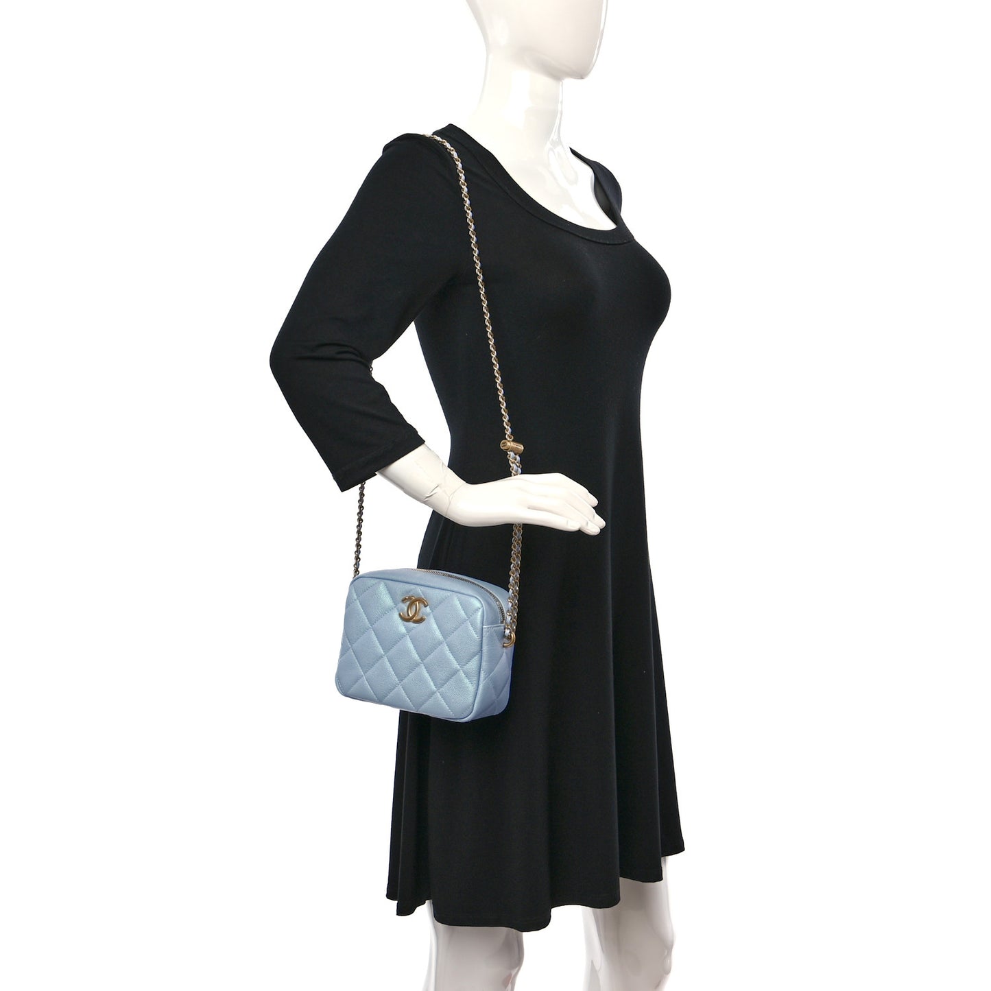 Iridescent Caviar Quilted Mini My Perfect Camera Case Light Blue