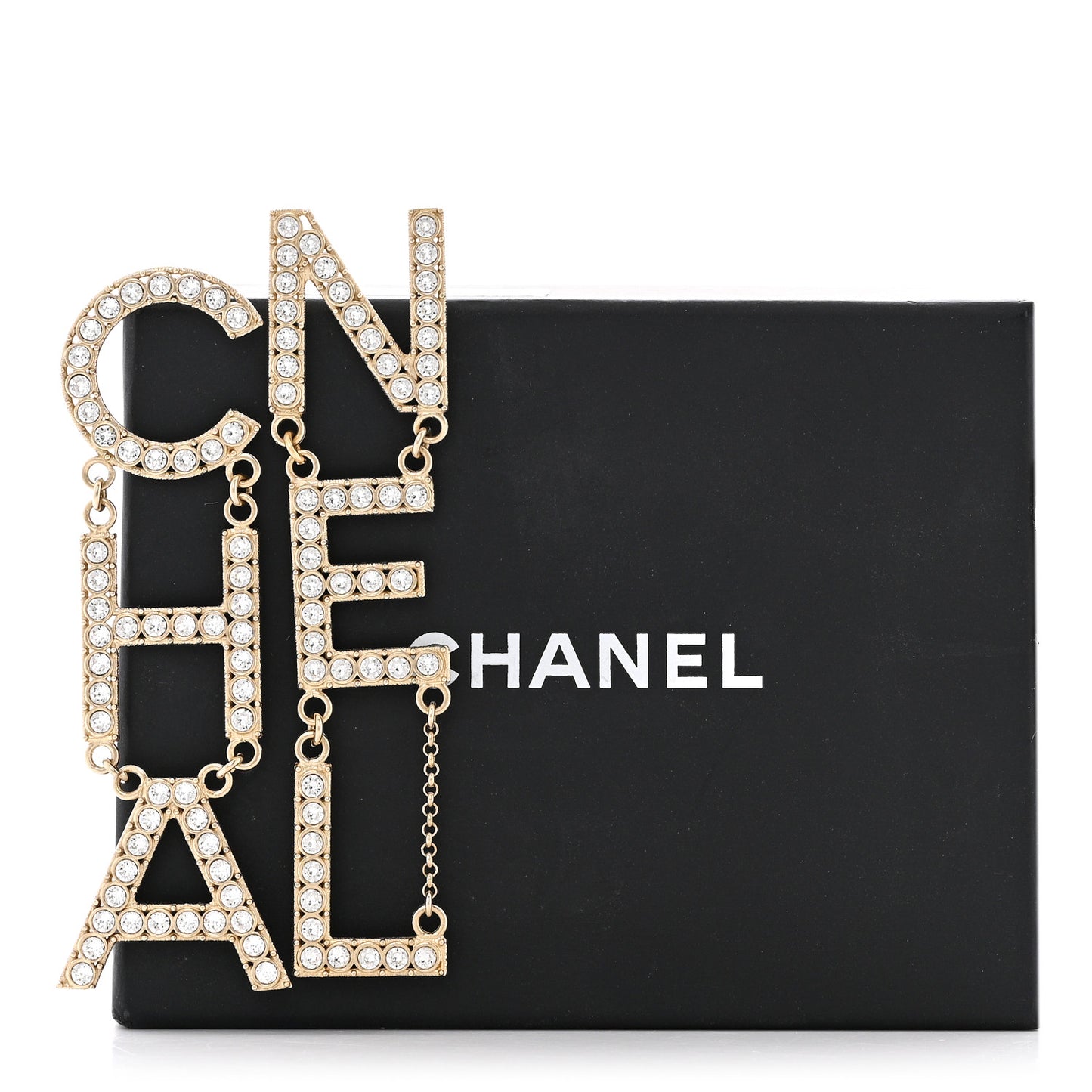 Crystal Cha-Nel Logo Drop Earrings Gold