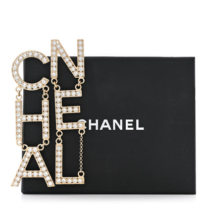 Chanel Crystal Cha-Nel Logo Drop Earrings Gold 5 of 5
