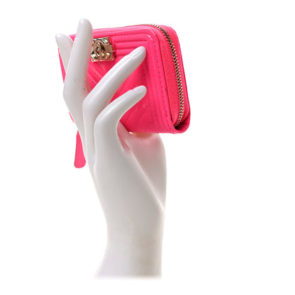 Chanel Patent Chevron Quilted Zip Around Boy Coin Purse Wallet Neon Pink 2 of 7