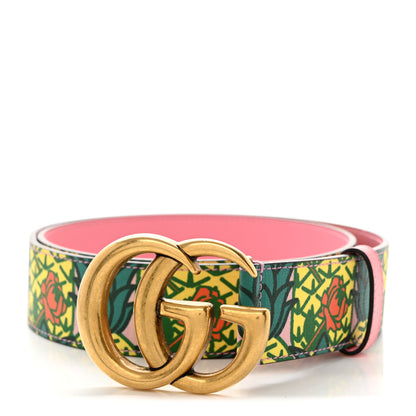 Gucci Supreme Canvas Textured Dollar Calfskin Pineapple Rose Double G 40mm Belt 85 34 Yellow Green Butter Pink 1 of 8