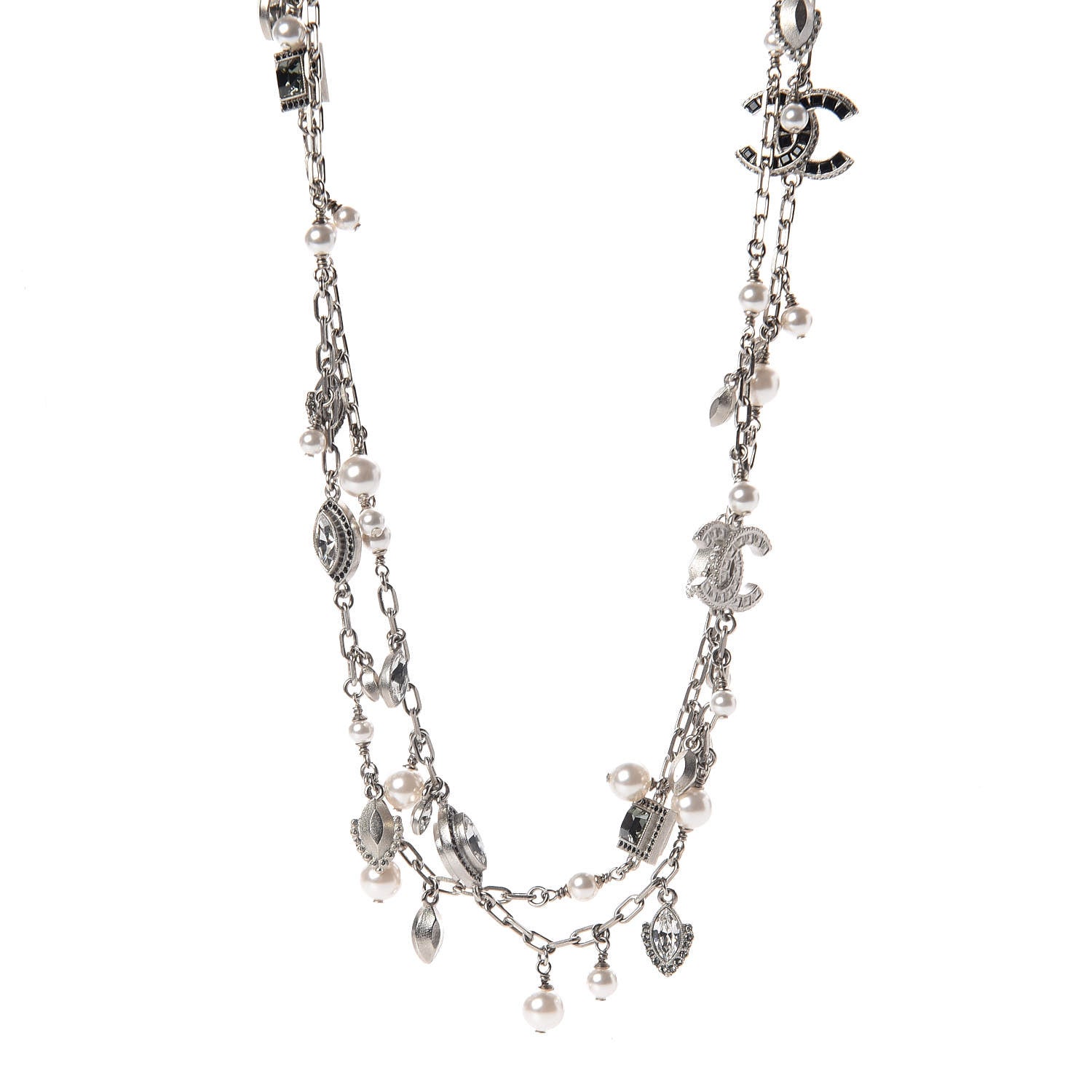 Chanel Pearl Baguette Crystal CC Long Necklace Silver 1 of 5