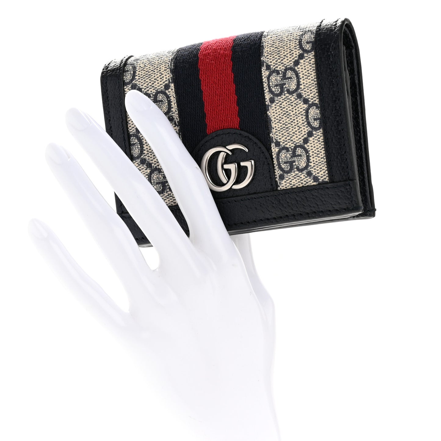 GG Supreme Monogram Textured Dollar Calfskin Web Ophidia Card Case Beige Blue