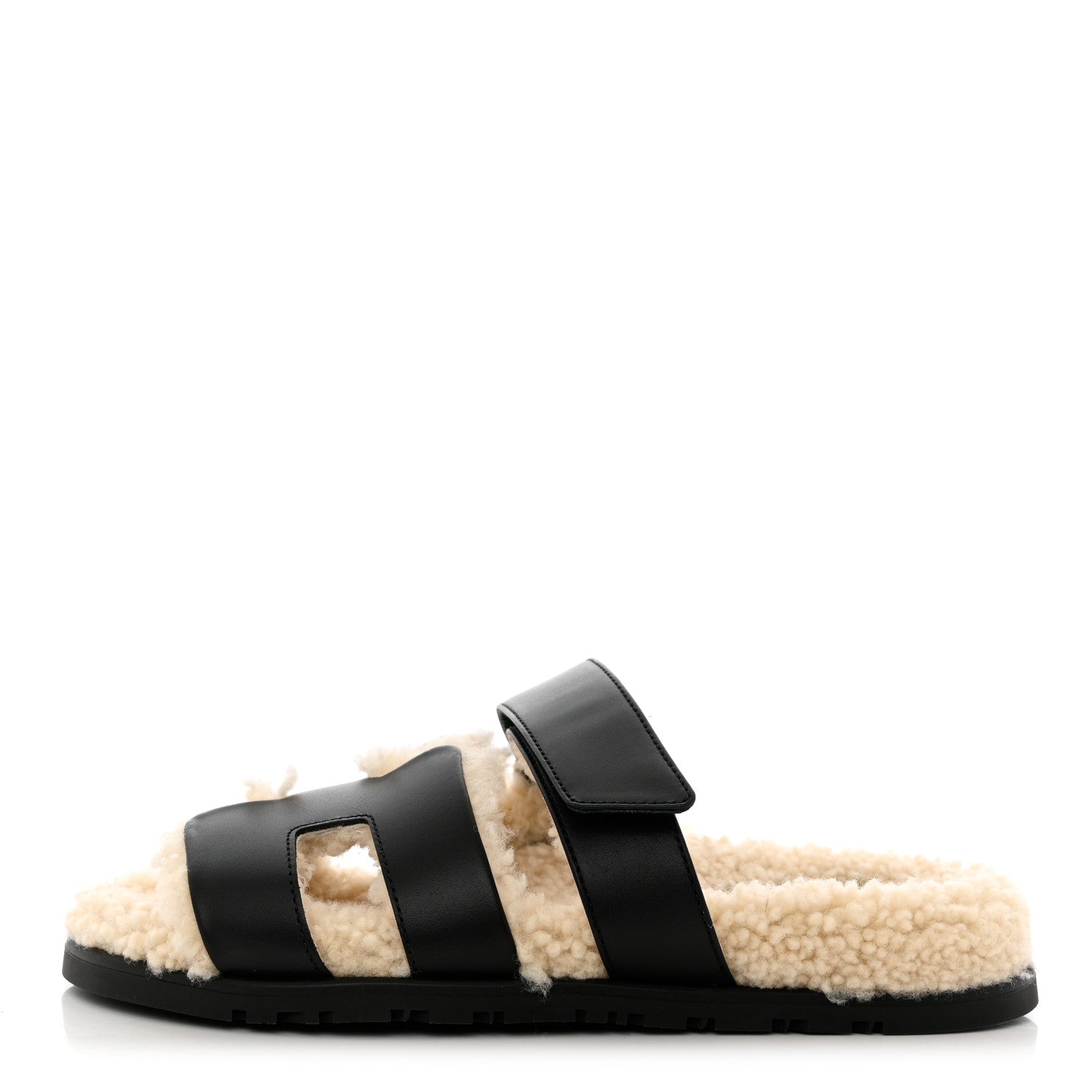Hermes Calfskin Woolskin Womens Chypre Sandals 36 Black Ecru 1 of 11