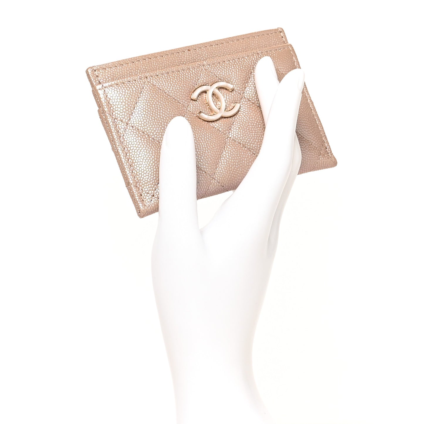 Iridescent Caviar Quilted Card Holder Beige