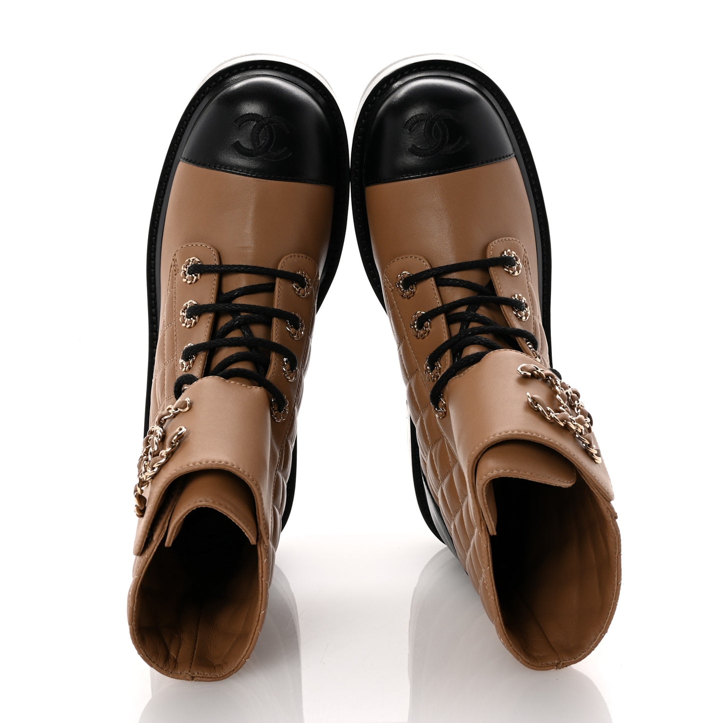 Lambskin Calfskin Quilted Lace Up Combat Boots 37.5 Light Brown Black