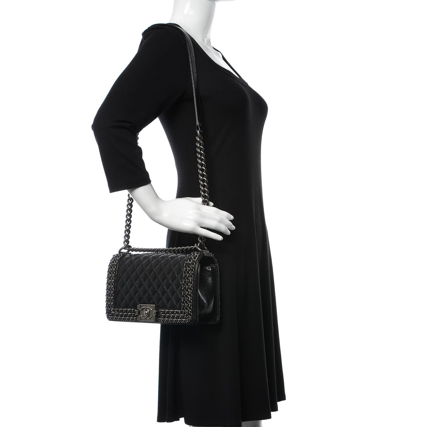 Glazed Calfskin Quilted Medium Boy Chained Flap Black