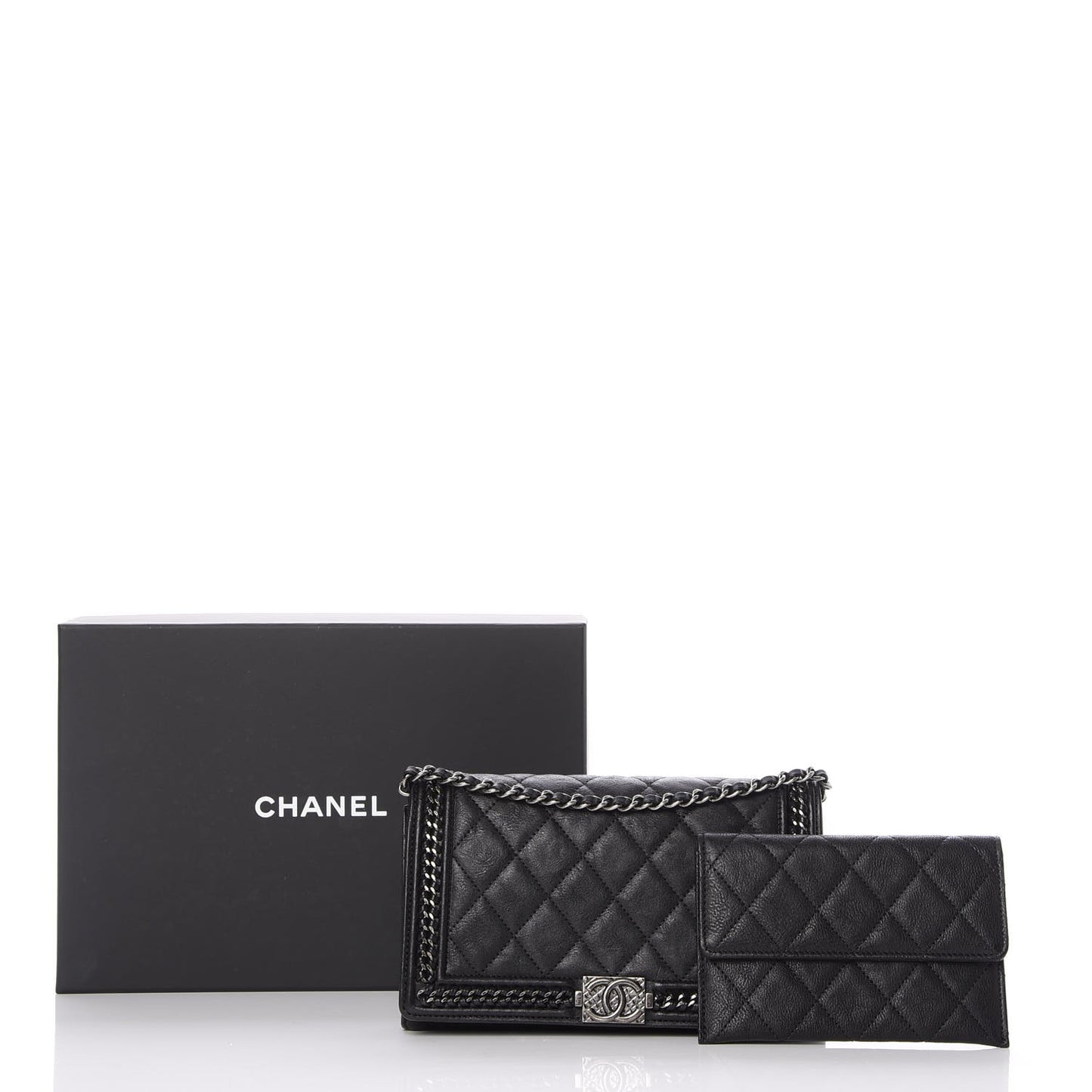 Calfskin Quilted Chain Around Boy Wallet On Removable Chain WOC Black