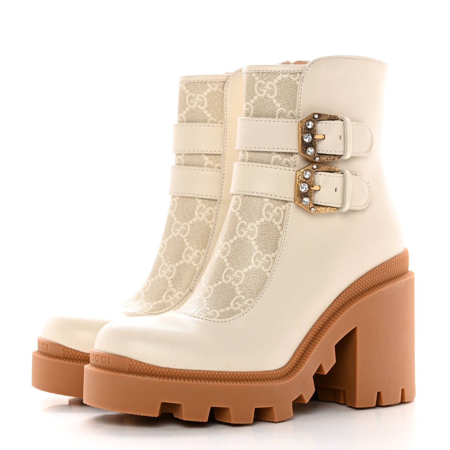 Kensington Calfskin Nappa GG Supreme Monogram Womens Double Buckle Ankle Boots 36.5 Mystic White Beige