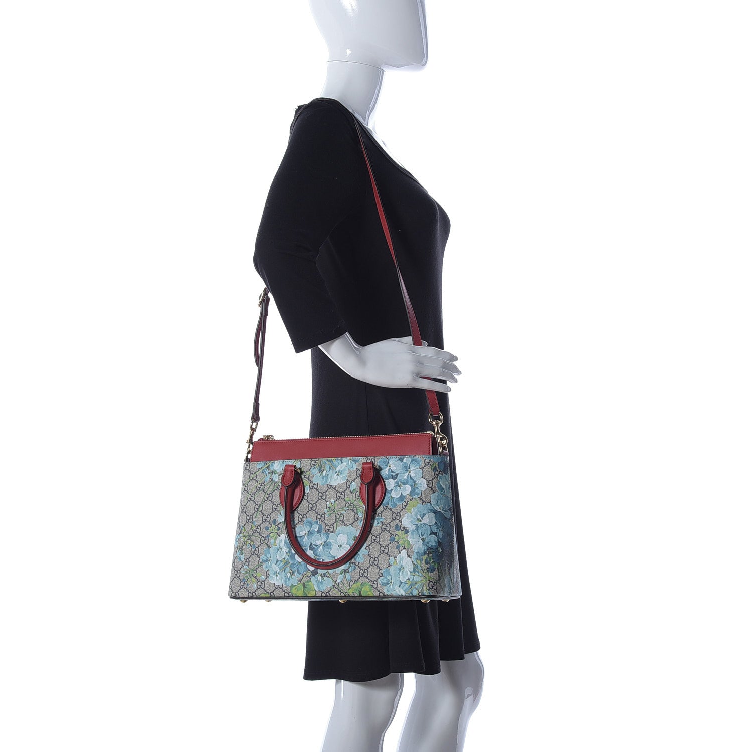 Gucci GG Supreme Monogram Blooms Medium Zip Top Tote Beige Blue Navy Hibiscus Red 2 of 14