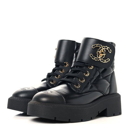 Chanel Lambskin Calfskin Quilted Lace Up Combat Boots 36.5 Black 4 of 9
