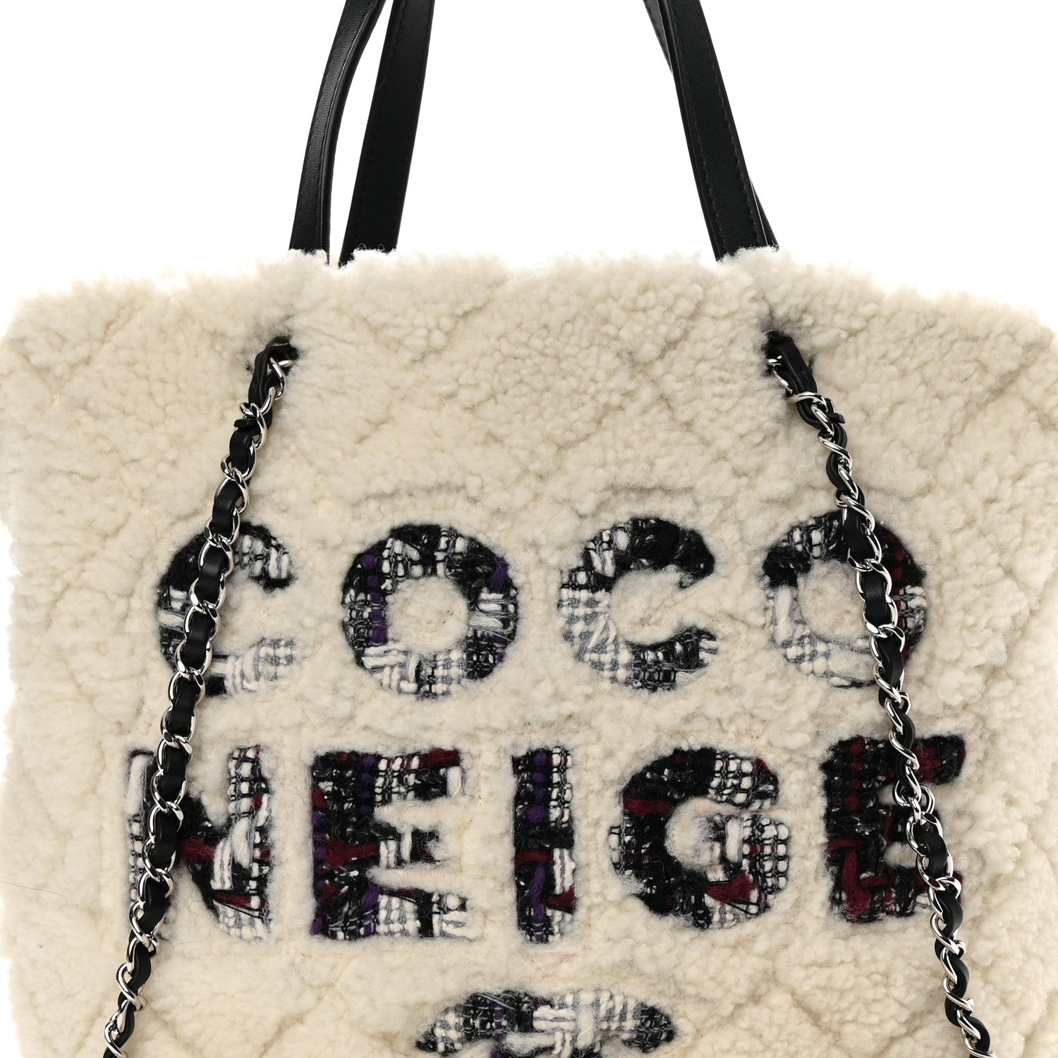 Chanel Shearling Sheepskin Tweed Large Coco Neige Tote White Black 8 of 11