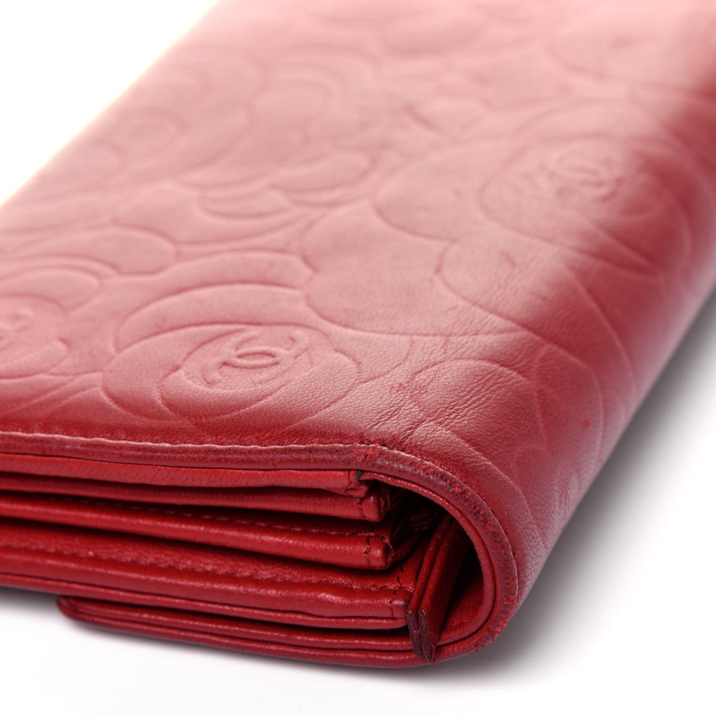 Lambskin Camellia Embossed Flap Wallet Red