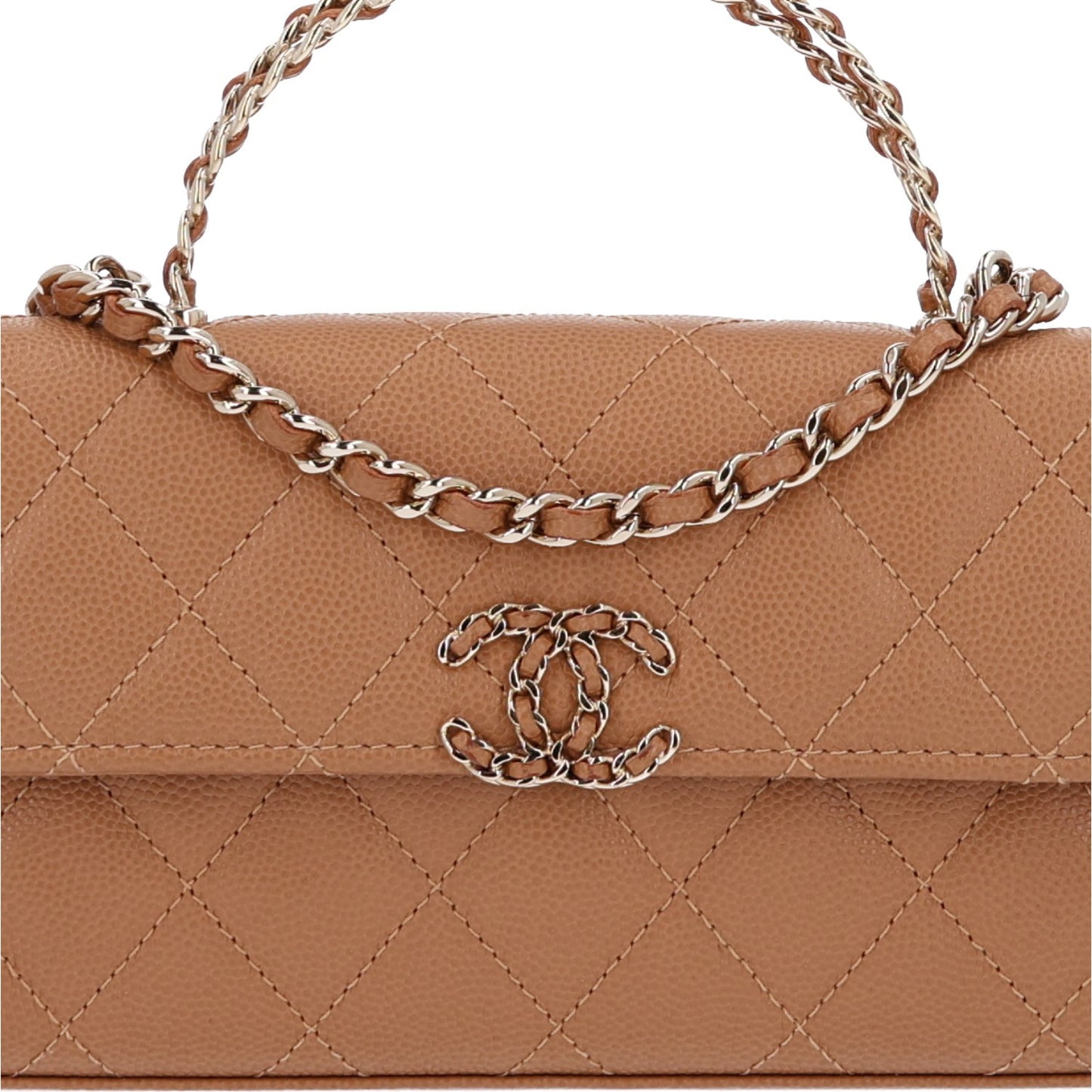 Caviar Quilted Chain Match Top Handle Phone Holder With Chain Beige
