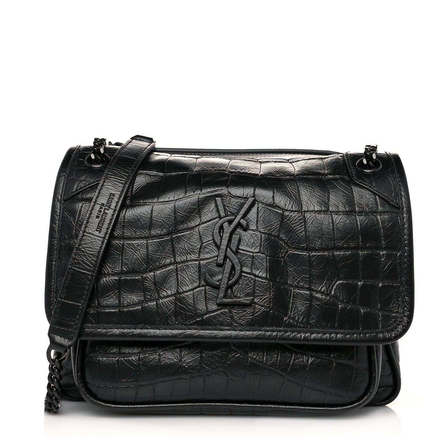 Calfskin Crocodile Embossed Matelasse Monogram Baby Niki Chain Satchel Black